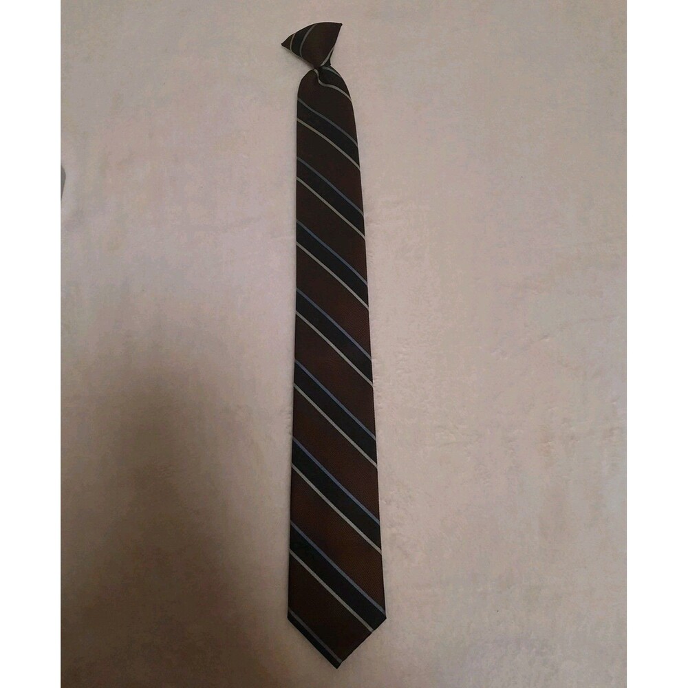 Beau Brummell Snapper Clip On Tie Brown Blue Striped Vtg Made USA Diagonal